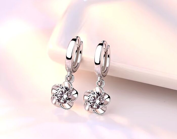 Elegant Silver Flower Drop Earrings with Sparkling Crystals