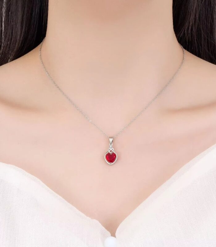 Elegant 925 Sterling Silver Heart-Shaped Necklace and Earrings Set with Red Gemstones