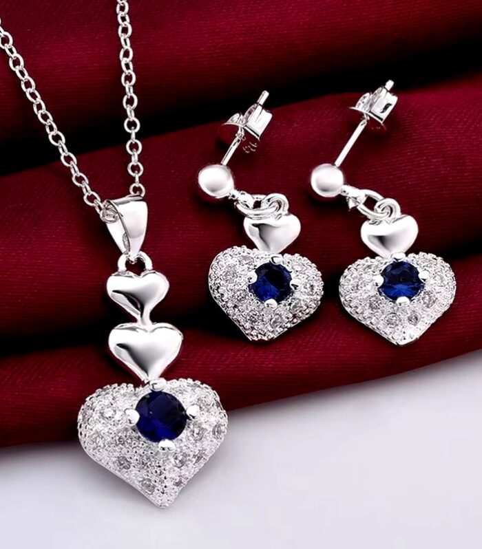 Italian Sterling Silver Heart Necklace & Earring Set – 925 Silver with Blue Stone