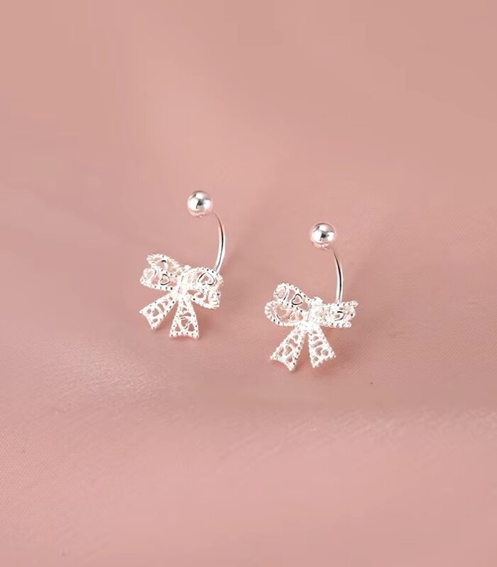 Elegant Silver Bow Knot Earrings - Delicate Lace Design for Women