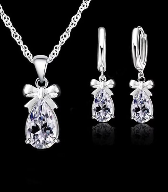 Sterling Silver Teardrop Zircon Necklace & Earring Set – Elegant Bow Design